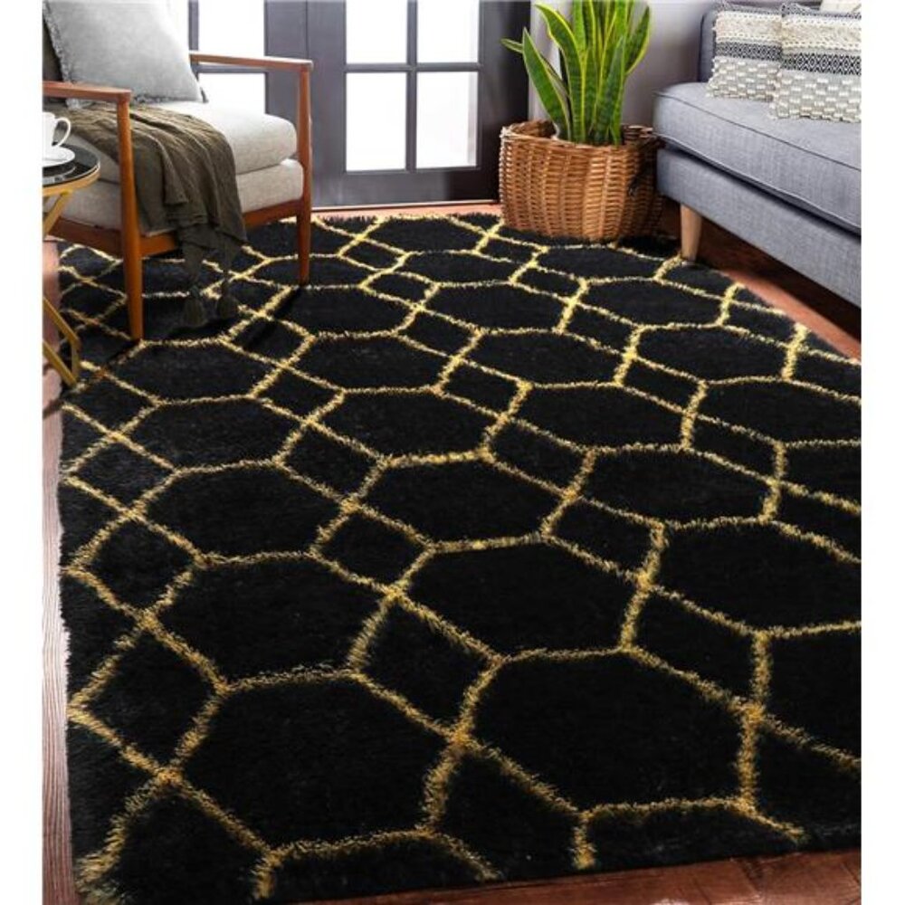Area Rugs for Bedroom Living Room, Washable 4x6 Fluffy Black and Gold